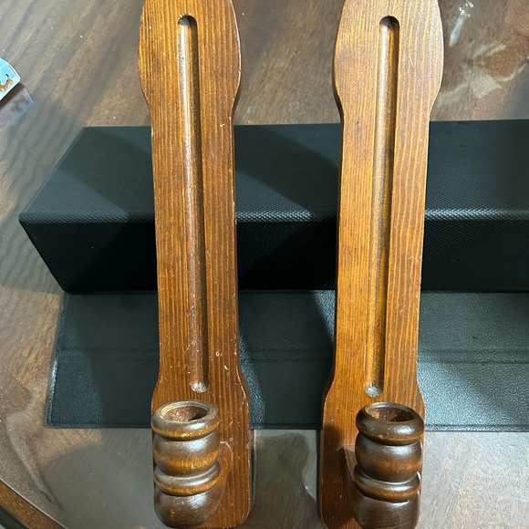 Set Pair 2 Vtg Mid Century Modern Wood Wall Candle Holders - Picture 5 of 6